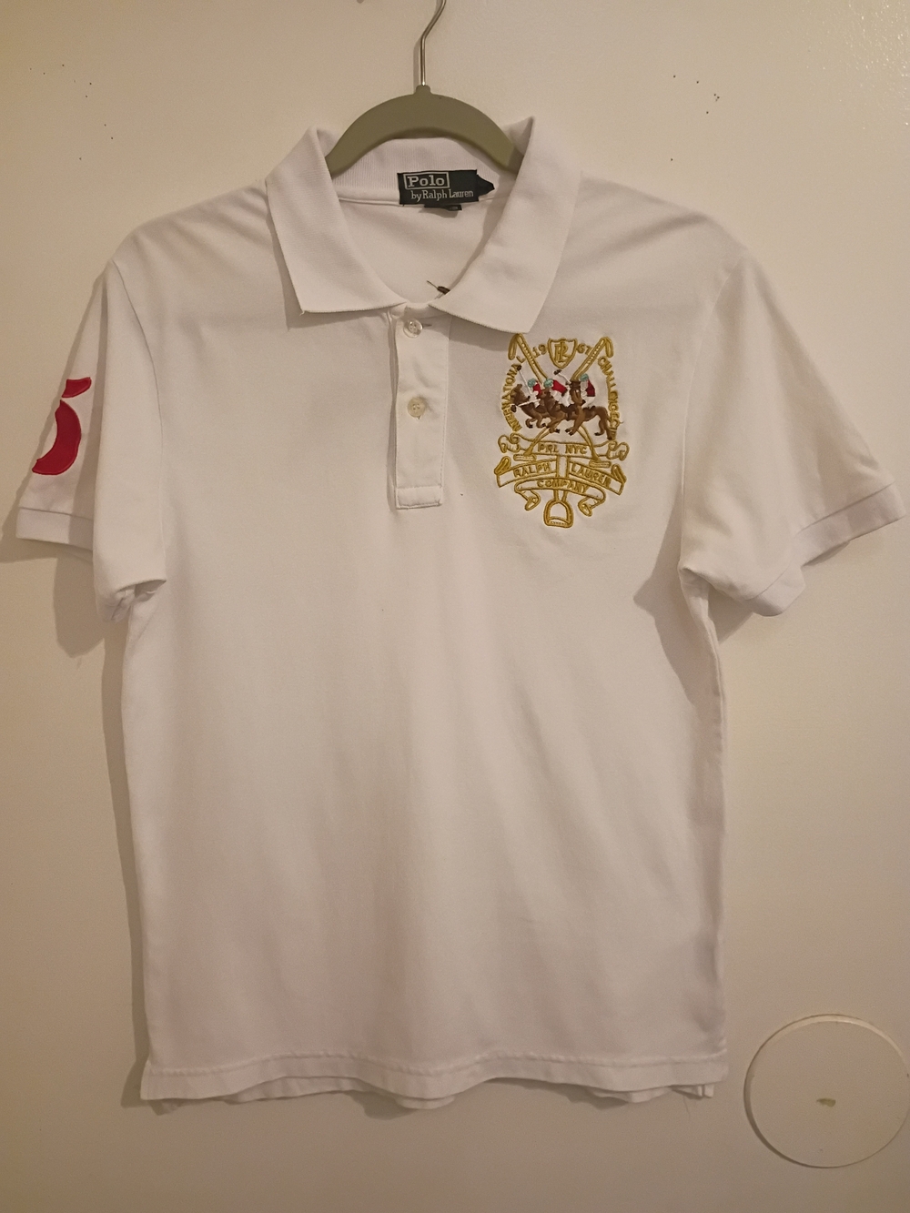 VTG Ralph Lauren White Polo with Gold Crest and 3 Pony Embroidery Sz M